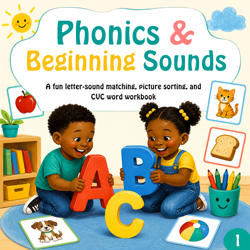 Phonics and Beginning Sounds Workbook cover – printable early reading worksheets