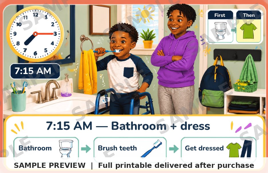 Inclusive School-Morning Routine Card Deck sample page 3 (watermarked preview)