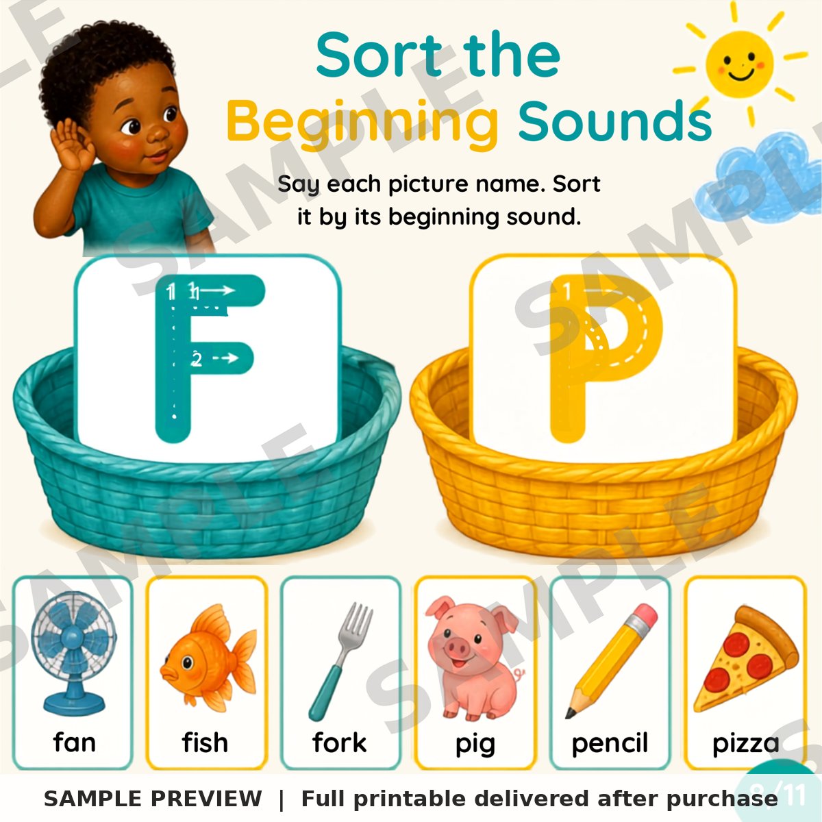 Phonics and Beginning Sounds Workbook sample page 2 (watermarked preview)