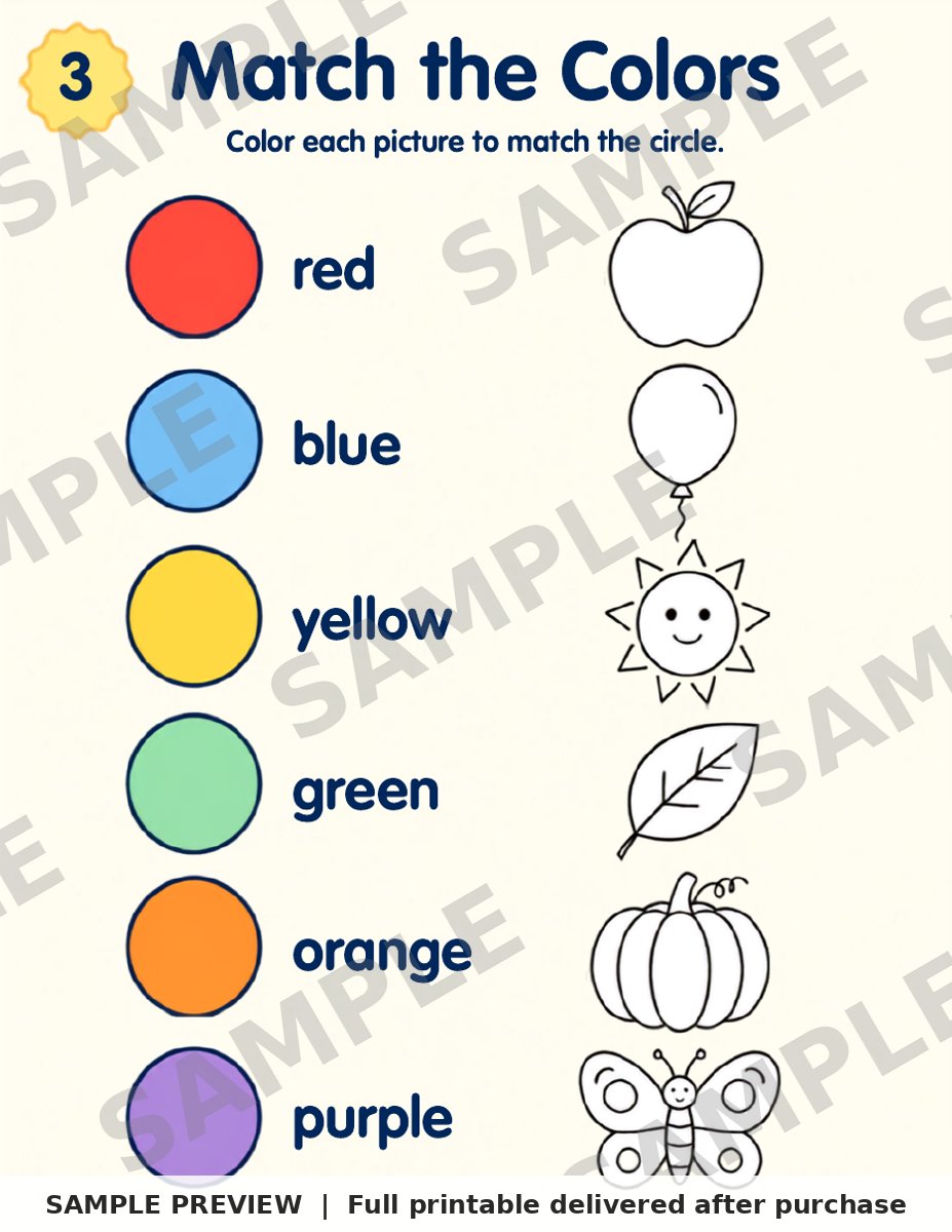 Preschool Shapes and Colors Workbook sample page 3 (watermarked preview)
