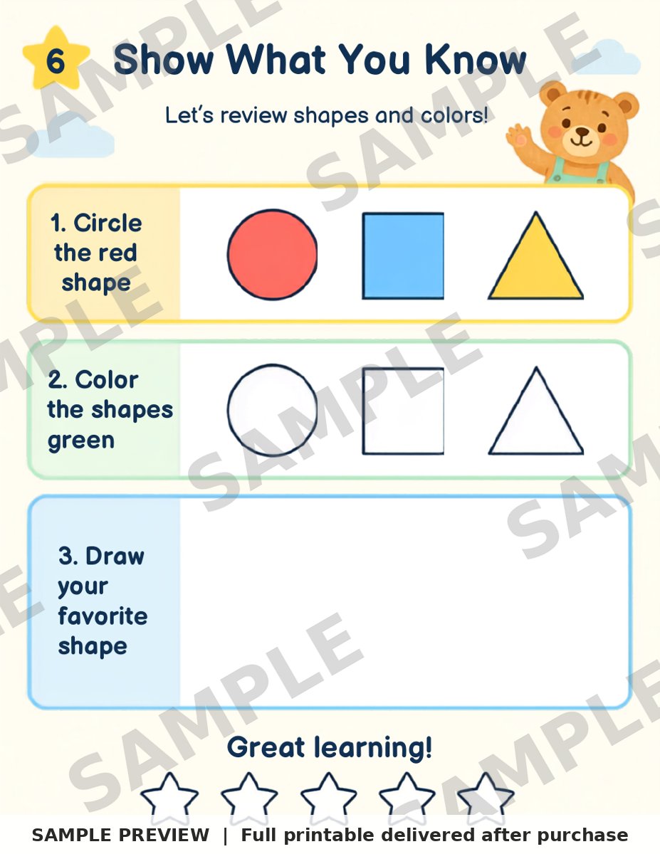 Preschool Shapes and Colors Workbook sample page 6 (watermarked preview)